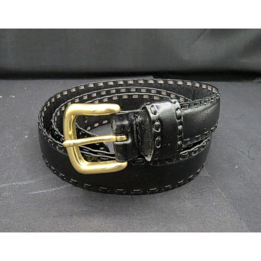 Kenneth Cole Black Leather Belt Brass Buckle 42" Long 1.25" Wide